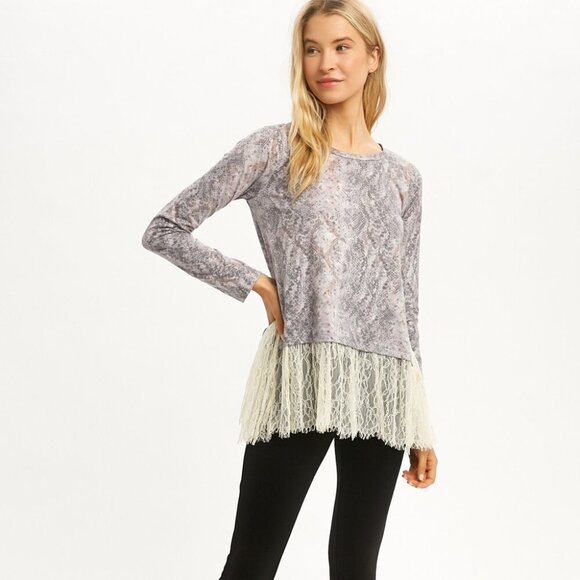 MYSTREE Gray Snakeskin Print Top with Cream Lace Hem Long Sleeve Boutique Blouse - Picture 2 of 8